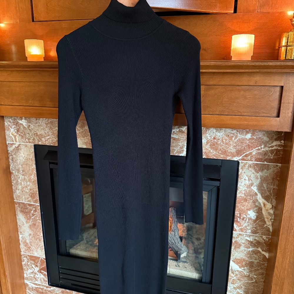 Black Ribbed Knit Turtleneck Midi Dress Long Sleeve Minimalist